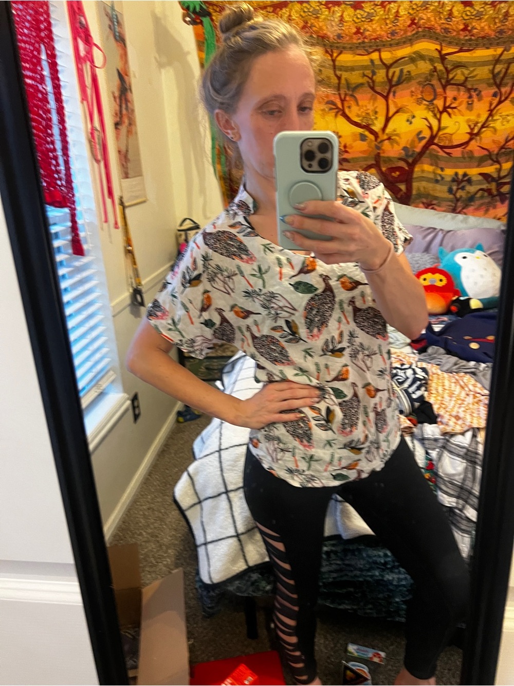 Women’s White Short-Sleeve Bird Print Blouse